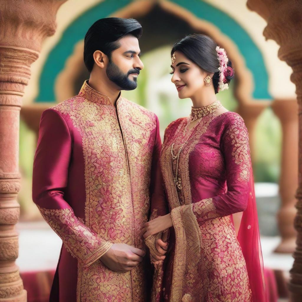 Create a detailed image of an Indian couple dressed in traditional clothing