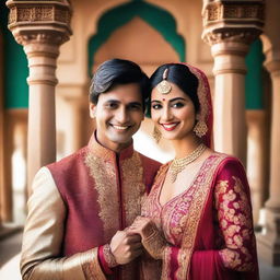 Create a detailed image of an Indian couple dressed in traditional clothing