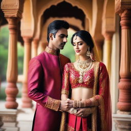 Create a detailed image of an Indian couple dressed in traditional clothing