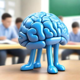 Create a photo-realistic image of a blue brain with legs teaching a class of people