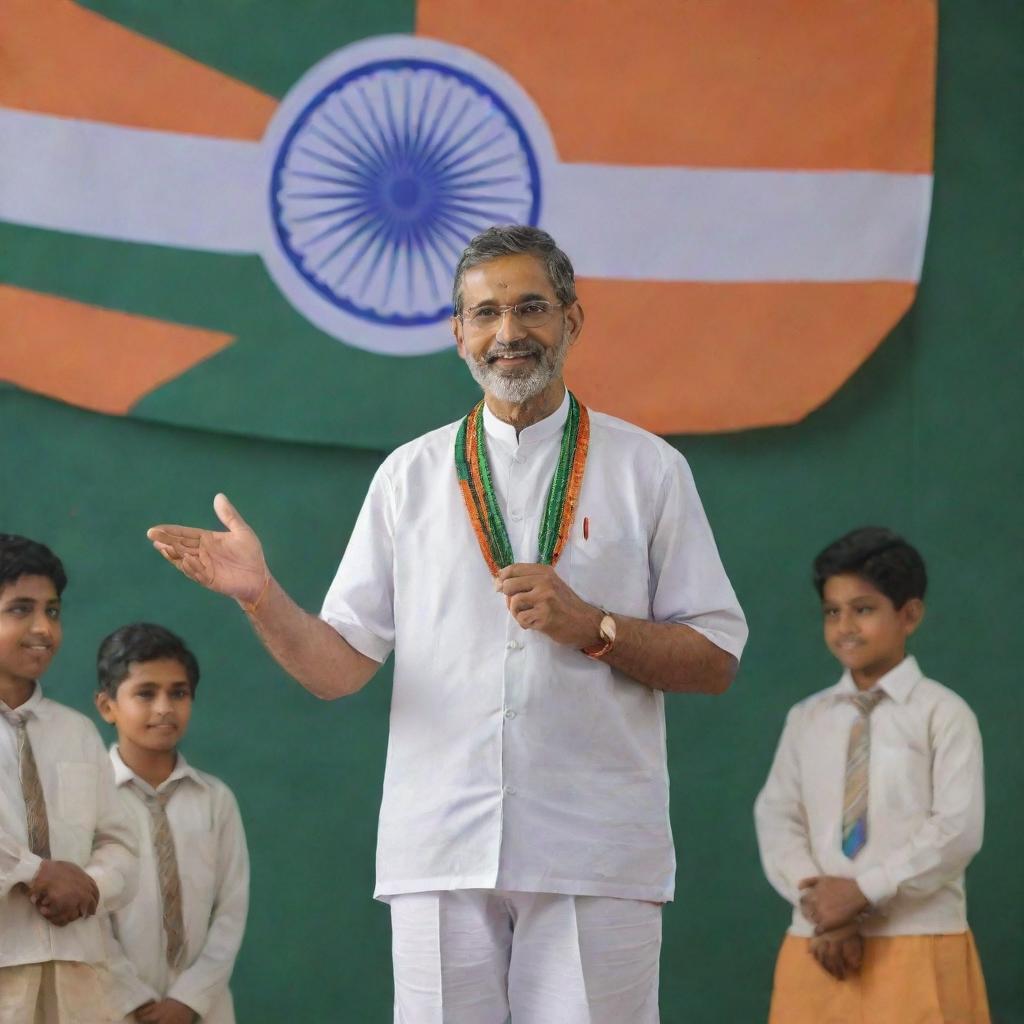 A caring teacher, dressed in Indian traditional attire, presenting a Republic Day greeting to his diverse group of students against the backdrop of an Indian flag.