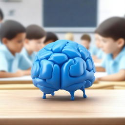 Create a photo-realistic image of a blue brain with legs teaching a class of people