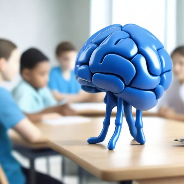 Create a photo-realistic image of a blue brain with legs teaching a class of people