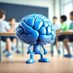 Create a photo-realistic image of a blue brain with legs teaching a class of people