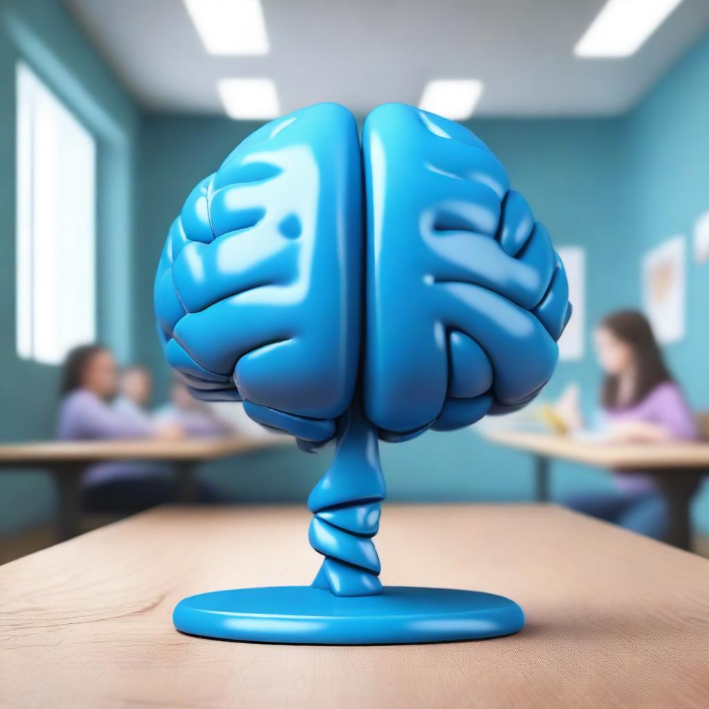 Create a photo-realistic, cinematic image of a human-sized blue brain with two legs teaching a class of people