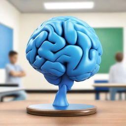 Create a photo-realistic, cinematic image of a human-sized blue brain with two legs teaching a class of people