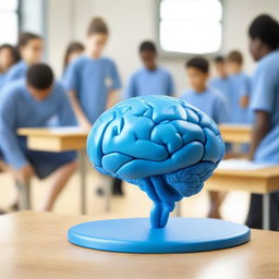 Create a photo-realistic, cinematic image of a human-sized blue brain with two legs teaching a class of people