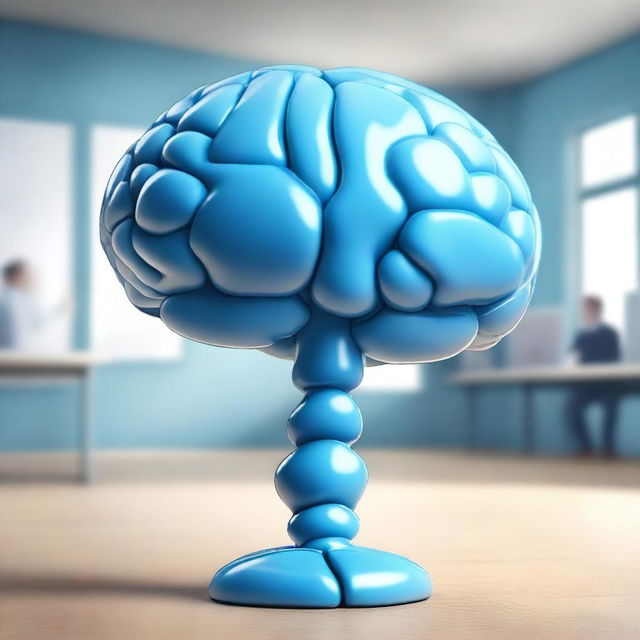 Create a photo-realistic, cinematic image of a human-sized blue brain with two legs teaching a class of people