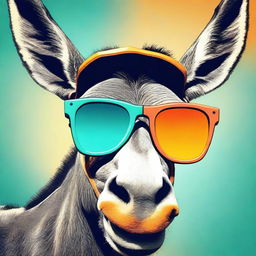 Create poster art of a goofy, smiling donkey wearing 3D glasses