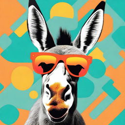 Create poster art of a goofy, smiling donkey wearing 3D glasses