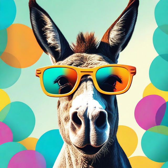 Create poster art of a goofy, smiling donkey wearing 3D glasses