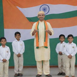 A caring teacher, dressed in Indian traditional attire, presenting a Republic Day greeting to his diverse group of students against the backdrop of an Indian flag.