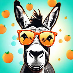 Create poster art of a goofy, smiling donkey wearing 3D glasses