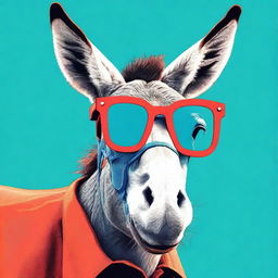 Create poster art of a goofy, smiling donkey wearing blue and red 3D movie theatre glasses