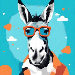 Create poster art of a goofy, smiling donkey wearing blue and red 3D movie theatre glasses