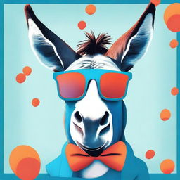 Create poster art of a goofy, smiling donkey wearing blue and red 3D movie theatre glasses