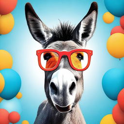 Create poster art of a goofy, smiling donkey wearing blue and red 3D movie theatre glasses