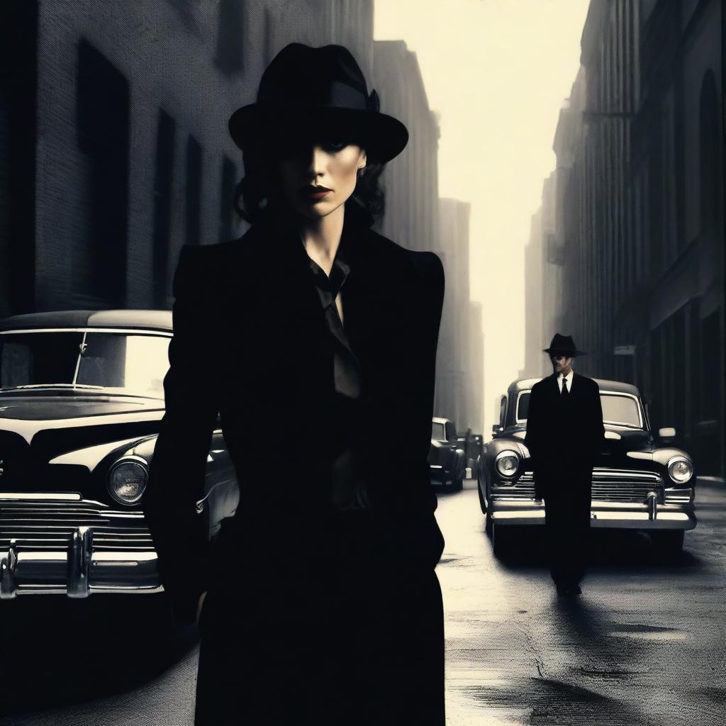 A powerful and elegant mafia woman, dressed in a sharp suit and fedora, standing in a dimly lit alleyway with a confident and commanding presence