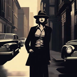 A powerful and elegant mafia woman, dressed in a sharp suit and fedora, standing in a dimly lit alleyway with a confident and commanding presence