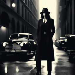 A powerful and elegant mafia woman, dressed in a sharp suit and fedora, standing in a dimly lit alleyway with a confident and commanding presence
