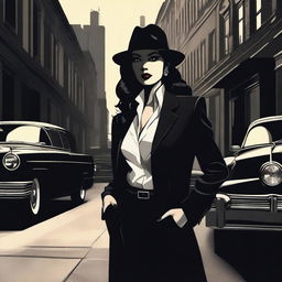 A powerful and elegant mafia woman, dressed in a sharp suit and fedora, standing in a dimly lit alleyway with a confident and commanding presence