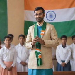 A caring teacher, dressed in Indian traditional attire, presenting a Republic Day greeting to his diverse group of students against the backdrop of an Indian flag.