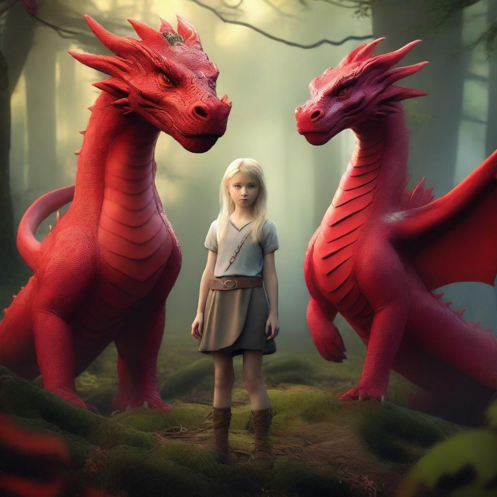 A 10-year-old blonde girl standing confidently with two majestic red dragons by her side