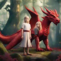 A 10-year-old blonde girl standing confidently with two majestic red dragons by her side