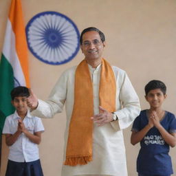 A caring teacher, dressed in Indian traditional attire, presenting a Republic Day greeting to his diverse group of students against the backdrop of an Indian flag.