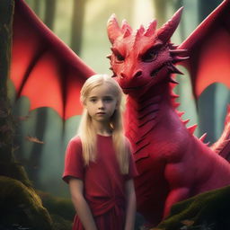 A 10-year-old blonde girl standing confidently with two majestic red dragons by her side