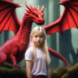 A 10-year-old blonde girl standing confidently with two majestic red dragons by her side