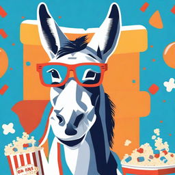 Create poster art of a goofy, smiling donkey wearing blue and red 3D movie theatre glasses