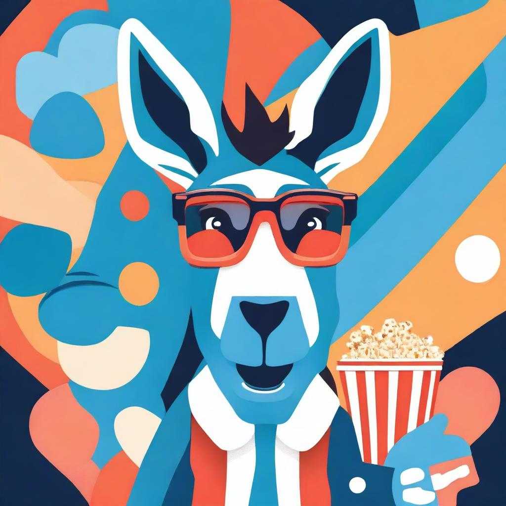 Create poster art of a goofy, smiling donkey wearing blue and red 3D movie theatre glasses