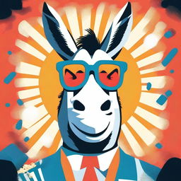 Create poster art of a goofy, smiling donkey wearing blue and red 3D movie theatre glasses