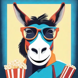 Create poster art of a goofy, smiling donkey wearing blue and red 3D movie theatre glasses