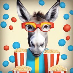 Create a photo-realistic image of a goofy, smiling donkey wearing blue and red 3D movie theatre glasses