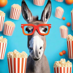 Create a photo-realistic image of a goofy, smiling donkey wearing blue and red 3D movie theatre glasses