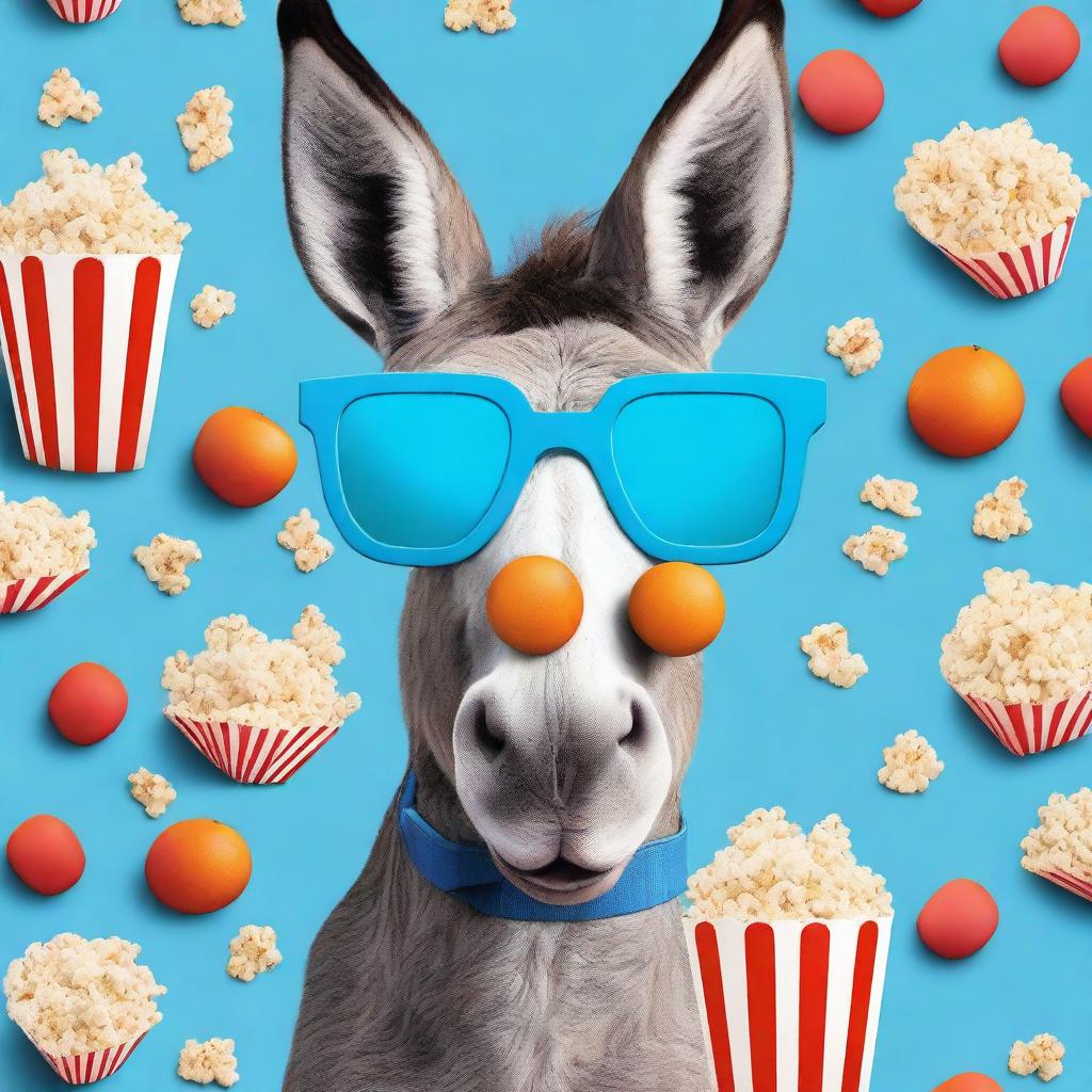 Create a photo-realistic image of a goofy, smiling donkey wearing blue and red 3D movie theatre glasses