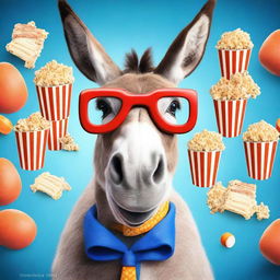 Create a photo-realistic image of a goofy, smiling donkey wearing blue and red 3D movie theatre glasses