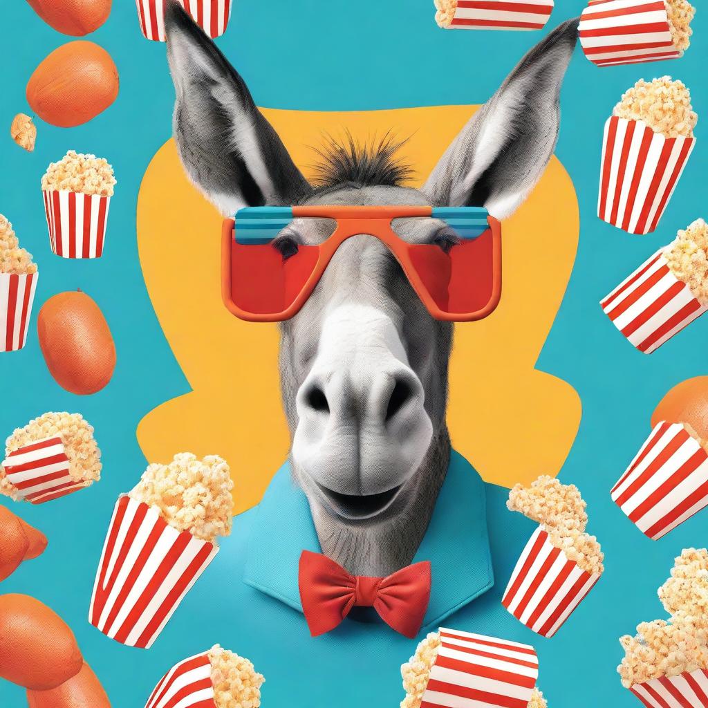 Create a photo-realistic image of a goofy, smiling donkey wearing blue and red 3D movie theatre glasses