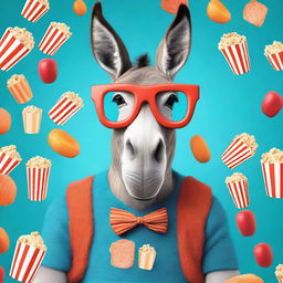 Create a photo-realistic image of a goofy, smiling donkey wearing blue and red 3D movie theatre glasses