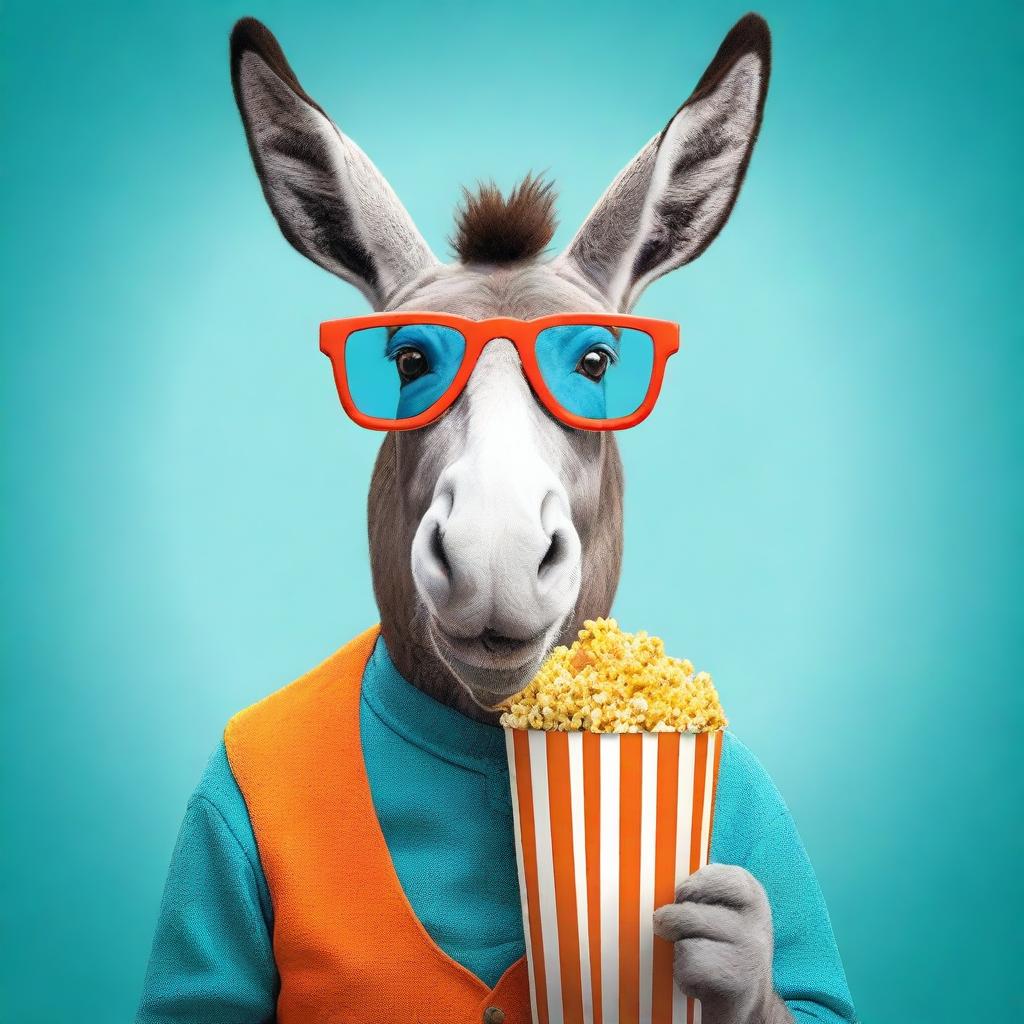 Create a photo-realistic image of a goofy, smiling donkey wearing blue and red 3D movie theatre glasses