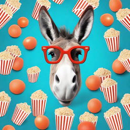 Create a photo-realistic image of a goofy, smiling donkey wearing blue and red 3D movie theatre glasses