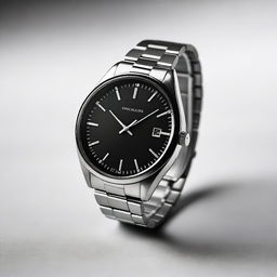 A high-quality image of a modern wristwatch with a sleek design, featuring a stainless steel band and a minimalist black dial