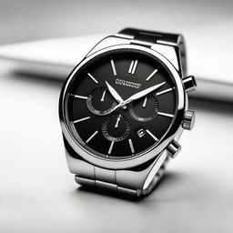 A high-quality image of a modern wristwatch with a sleek design, featuring a stainless steel band and a minimalist black dial