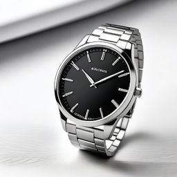 A high-quality image of a modern wristwatch with a sleek design, featuring a stainless steel band and a minimalist black dial