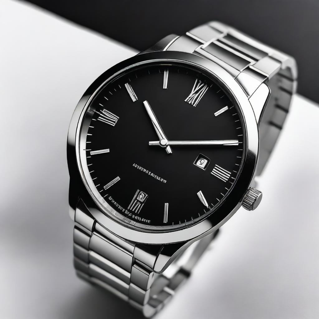 A high-quality image of a modern wristwatch with a sleek design, featuring a stainless steel band and a minimalist black dial