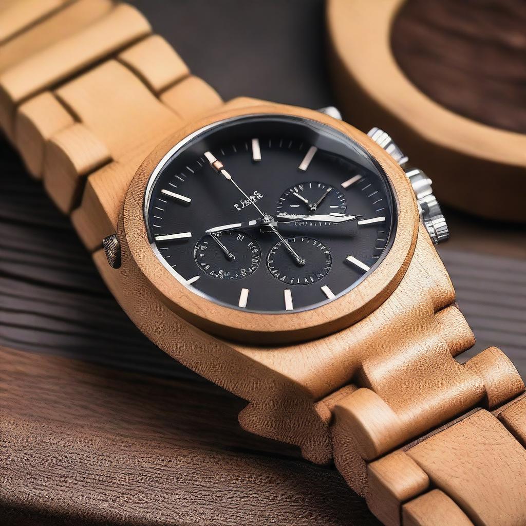 Create a detailed watch design featuring a chronograph with a wooden bracelet