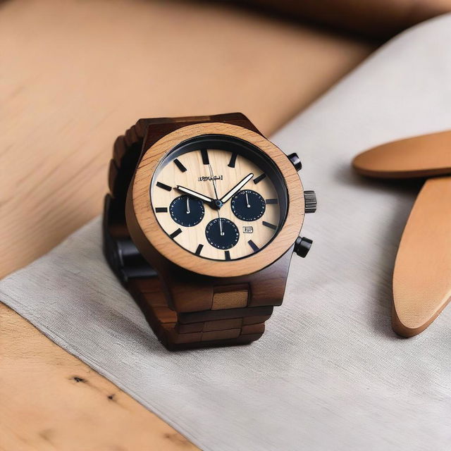 Create a detailed watch design featuring a chronograph with a wooden bracelet