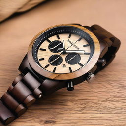 Create a detailed watch design featuring a chronograph with a wooden bracelet